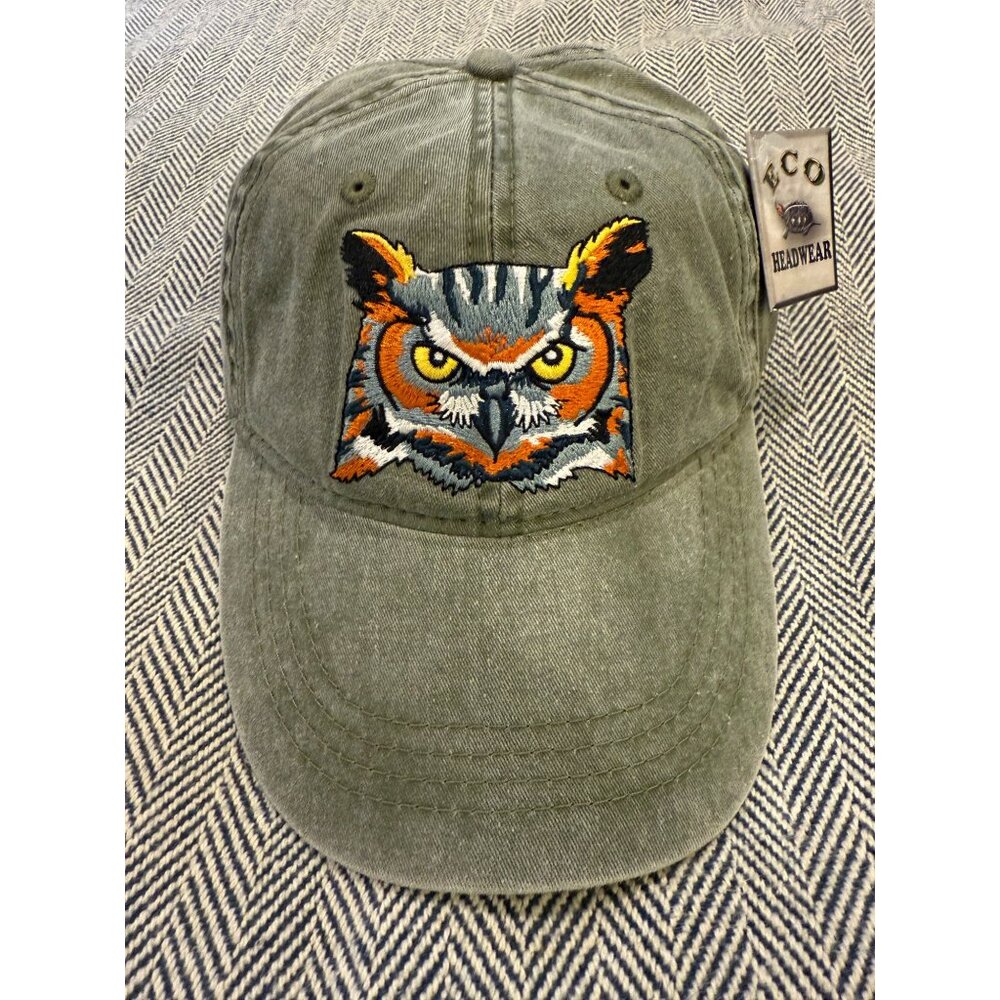 Great Horned Owl Embroidered Green Adjustable Cap Eco Headwear Cotton Southwest